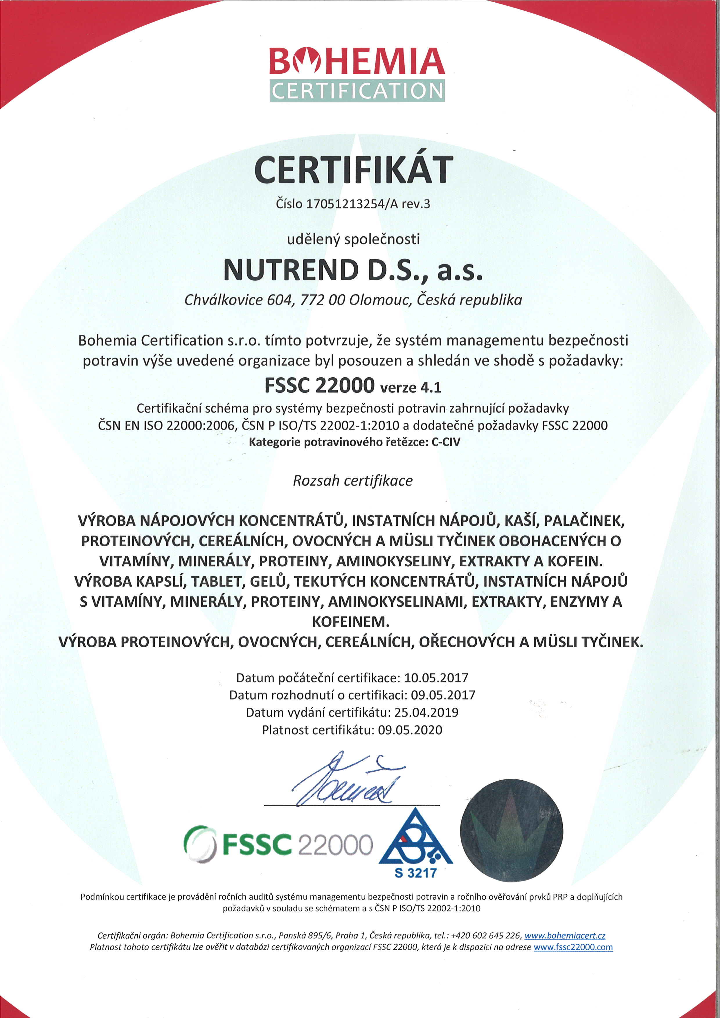Сертификат FSSC 22000 Olomouc